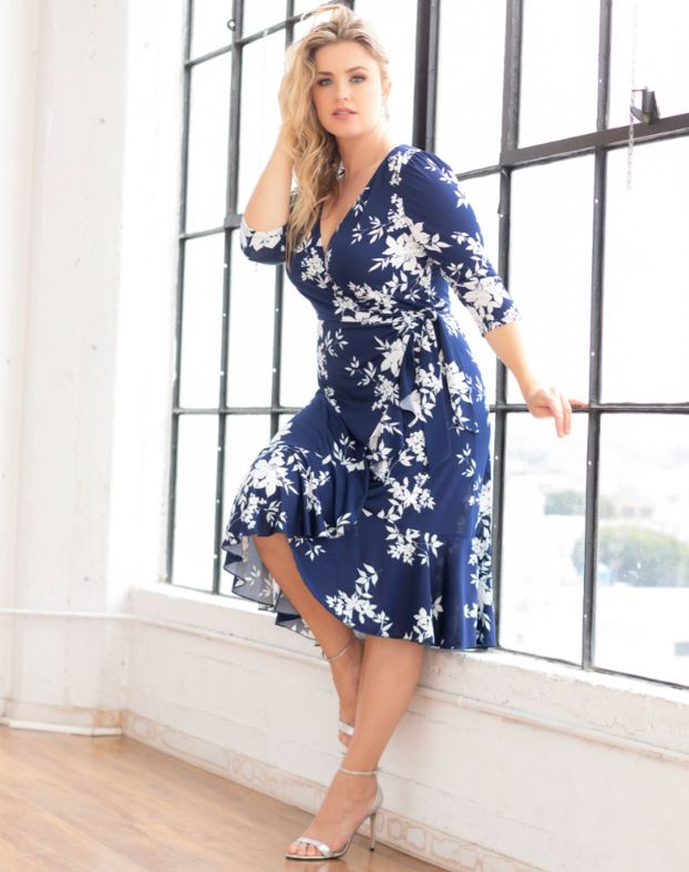 Kiyonna - Flirty Flounce Wrap Dress - Navy Floral Print - Plus Size