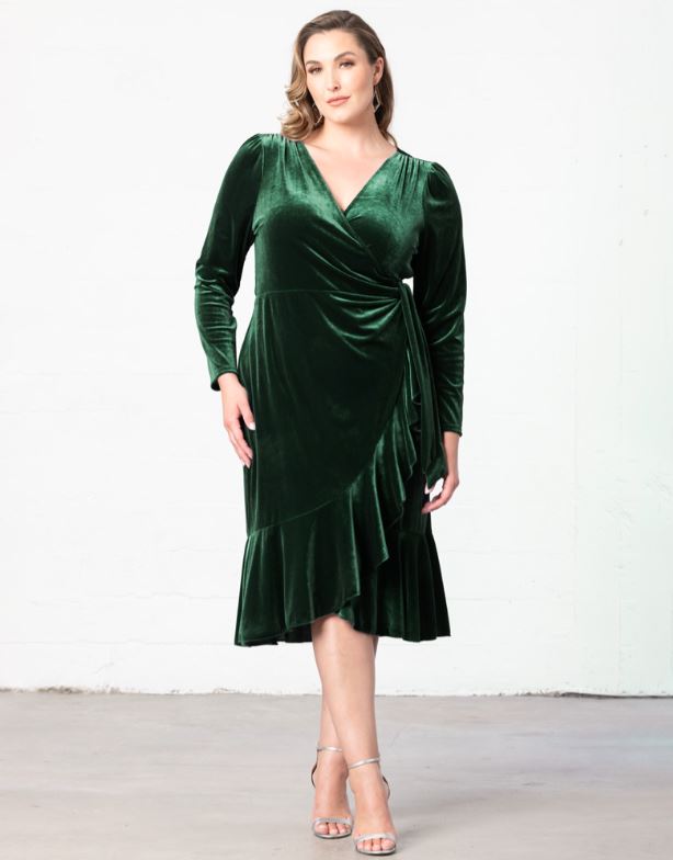 Green velvet wrap hot sale dress plus size