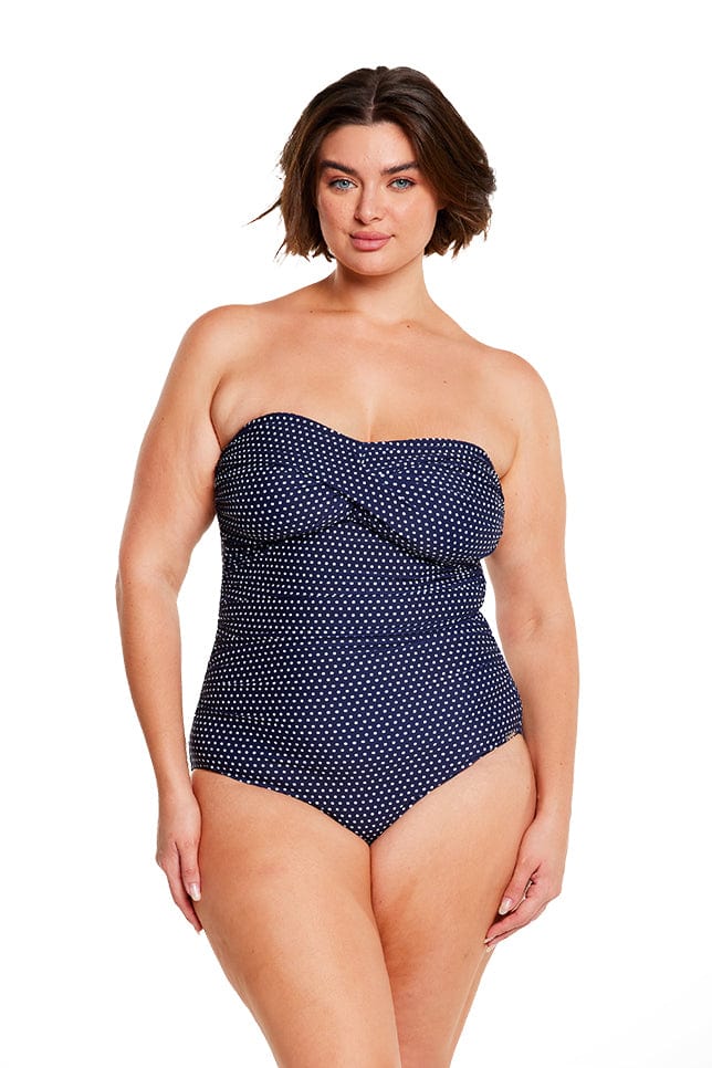 Capriosca - Navy & White Dots Twist Front Bandeau One Piece - Plus Size