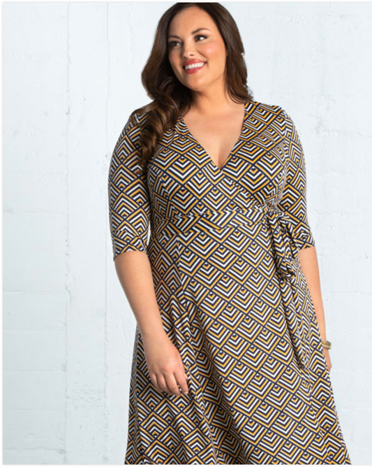 Kiyonna  - Essential Wrap Dress - Gold Geo Print - Plus Size