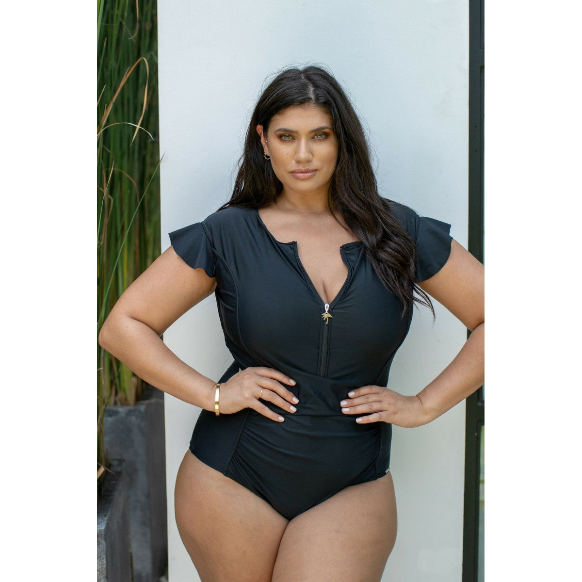 Capriosca Swimwear - Black Zip Front One Piece with Frill Ruffle Sleeve - Plus Size