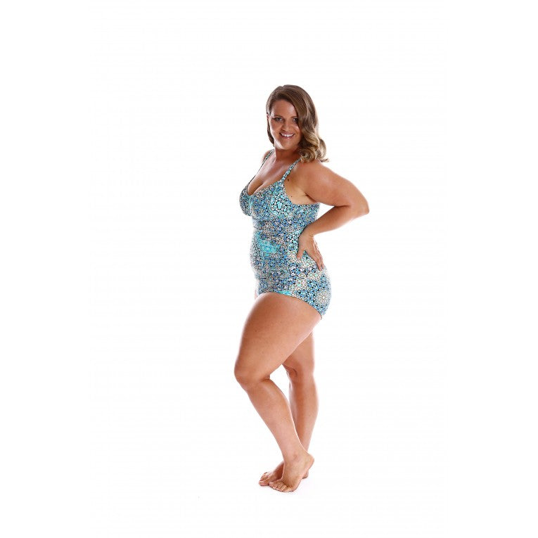 Capriosca - Mosaic Ruched One Piece - Aqua - Plus Size