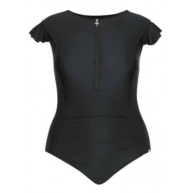 Capriosca Swimwear - Black Zip Front One Piece with Frill Ruffle Sleeve - Plus Size
