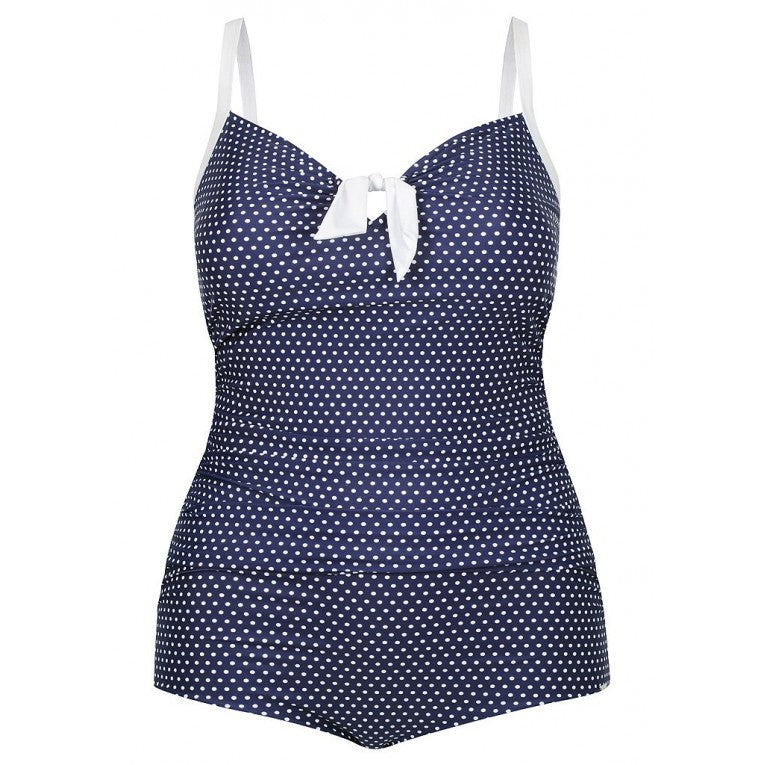 Capriosca Swimwear - Navy & White Dots Boyleg One Piece With Bow Swimwear - Plus Size