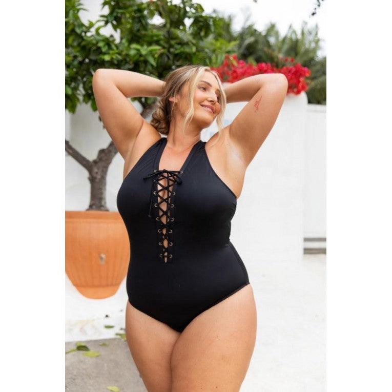 Capriosca Swimwear - Lace Up One Piece Black - Plus Size
