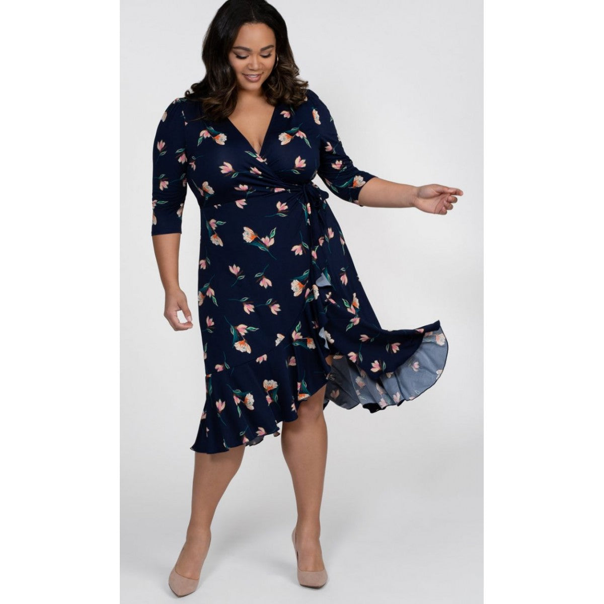 Kiyonna - Flirty Flounce Wrap Dress - Peach Floral Print - Plus Size