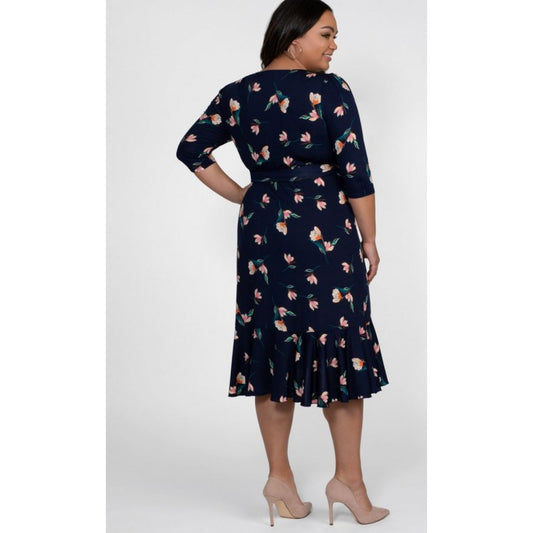 Kiyonna - Flirty Flounce Wrap Dress - Peach Floral Print - Plus Size