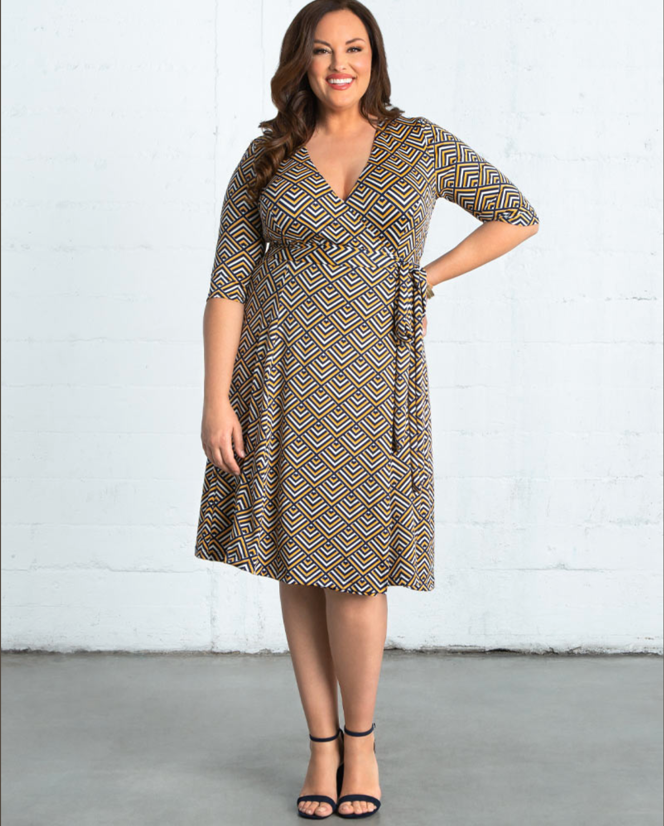 Kiyonna - Essential Wrap Dress - Gold Geo Print - Plus Size SISU & FINN Kiyonna - Essential Wrap Dress - Gold Geo Print - Plus Size SISU & FINN