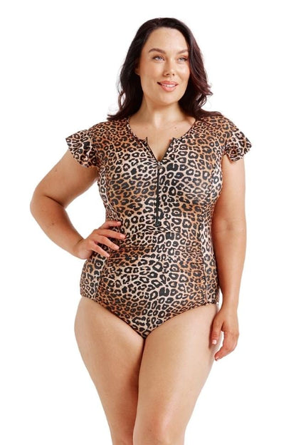 Capriosca - Leopard Sustainable Frill Sleeve One Piece - Plus Size