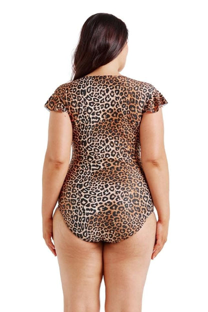 Capriosca - Leopard Sustainable Frill Sleeve One Piece - Plus Size