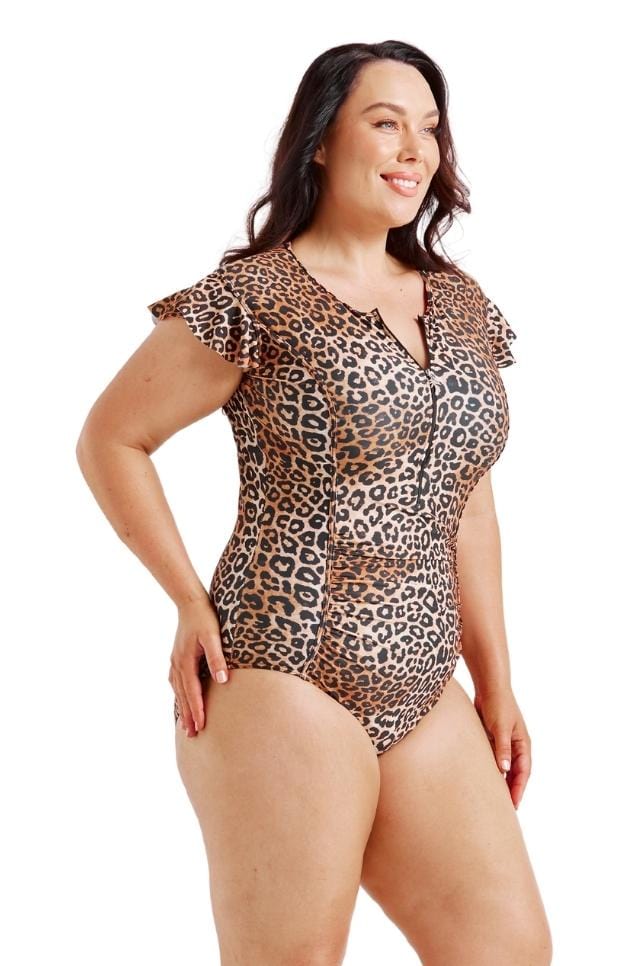 Capriosca - Leopard Sustainable Frill Sleeve One Piece - Plus Size